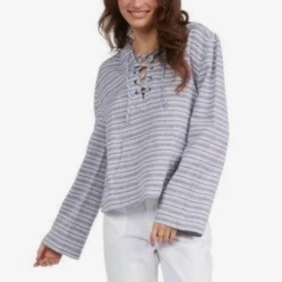 Roxy Women M Blue Striped Boho Beachy Flared Sleeves Lace Up Cabo Trip Hoodie - Picture 1 of 14